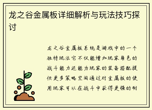 龙之谷金属板详细解析与玩法技巧探讨
